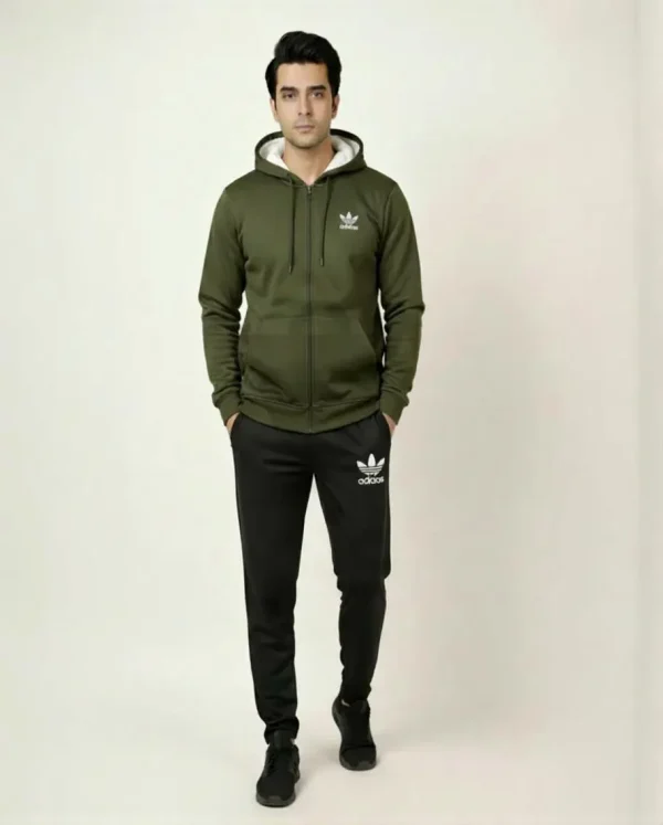Men's Fleece Printed Zipper Track Suit - Olive green (2 Pcs)